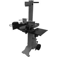 Vertical log splitter with a sturdy metal frame, adjustable table, and two wheels for mobility.