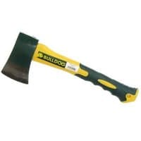 Yellow and green Bulldog hatchet with a black blade and ergonomic handle.