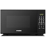 Black Hyundai digital microwave with stainless steel interior, digital controls, clock display, and child lock feature.