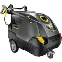 Black and yellow Karcher HDS 6/10 C hot water pressure washer with wheels and hose attachment.
