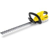 Yellow and black Karcher cordless hedge trimmer with long silver blade and ergonomic handle.
