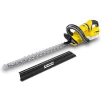 Yellow Karcher cordless hedge trimmer with long silver blade and black handle, includes black blade cover.