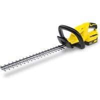 Yellow Karcher cordless hedge trimmer with black handle, 18V battery, and dual-action blade.