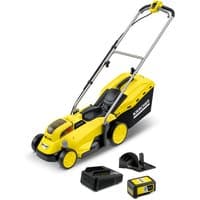 Yellow and black Karcher cordless lawnmower with 33cm cutting width, 18V battery, and charger set included.