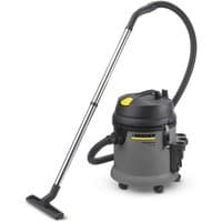Gray Karcher NT27/1 Pro vacuum cleaner with black hose, wheeled base, and yellow accents.