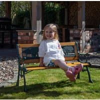 Kids 2 seater wooden and cast iron bench with green animal design backrest, suitable for garden or patio use.