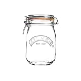 Kilner Clip Top Jar 1 Litre, clear glass with metal clip and orange rubber seal, embossed logo on front.