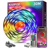 KSIPZE 30m RGB LED strip lights with color-changing feature, remote, smart app control, and music sync function.