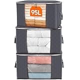 Grey Lifewit storage bags with clear window, reinforced handles, and lids, stacked in a set of three, 95L capacity each.