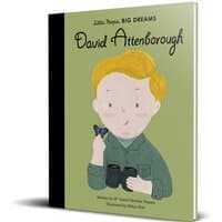 "Children's book 'Little People BIG DREAMS: David Attenborough' with illustrated cover of a boy holding binoculars."