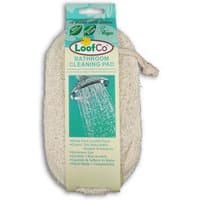 LoofCo Bathroom Cleaning Pad, oval-shaped, natural loofah texture, with hanging loop and green packaging.