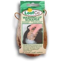LoofCo Washing Up Scraper made from coconut husk with green packaging and hand using it on a pan.