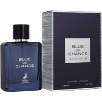 Maison Alhambra EDP Blue de Chance 100 ml, dark blue glass bottle with black cap, silver text, next to matching box.