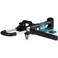Makita earth borer with teal and black handles, dual grips, and metal auger attachment, part of the LXT series.