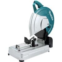 Makita DLW140Z cut-off saw, teal and silver, 355mm blade, ergonomic handle, sturdy base, no battery included.