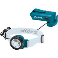 Makita DML800 18V LXT LED headlamp with adjustable white strap and detachable blue battery pack.