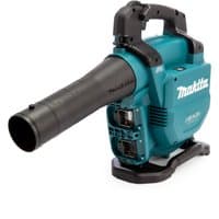 Teal Makita 36V blower with black nozzle and ergonomic handle, featuring dual battery slots and compact design.