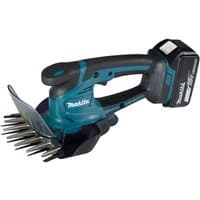 Makita blue and black cordless grass shears with hedgetrimmer attachment, 18V battery, and charger included.