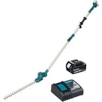 Makita pole hedge trimmer with teal accents, 46cm blade, 18V battery, and charger included.