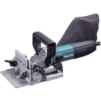 Makita PJ7000 110V Biscuit Jointer, teal and black body, adjustable fence, dust bag, ergonomic handle.