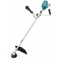 Makita brush cutter with teal motor housing, dual handles, and silver shaft, designed for heavy-duty trimming tasks.