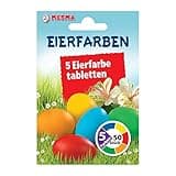Metma B085 egg dye tablets in red, orange, yellow, green, blue; packaging with flowers and grass design.