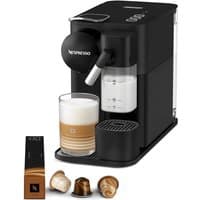 Black Nespresso Lattissima One coffee machine with milk frother, cup of coffee, and three coffee pods.
