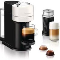 White Nespresso Vertuo Next coffee machine with Aeroccino milk frother, black base, and transparent water tank.