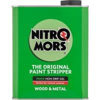 Green Nitromors 2L can with black cap, labeled "The Original Paint Stripper" for wood and metal surfaces.