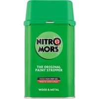 Green Nitromors paint and varnish remover can with a screw cap, labeled for wood and metal use, 750ml size.