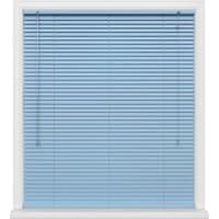 Blue Venetian blinds with white frame and pull cords.