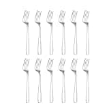 Twelve shiny stainless steel table forks with a polished finish, sleek handles, arranged in two rows.