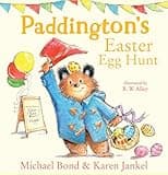 "Paddington's Easter Egg Hunt" book with bear in blue coat holding basket and balloons, festive bunting above.