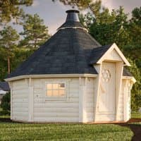 Palmako Eva 3.8m x 3.8m corner log cabin BBQ hut with hexagonal roof, wooden walls, and a small front porch.