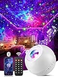White spherical projector with galaxy light display, Bluetooth, remote control, and phone connectivity for room decor.