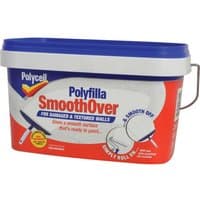 Polycell Smooth Over tub with blue lid, red and blue text, and images of a trowel and roller on the label.