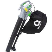 Gray and green Q Garden 3000W blower vac with wheels, black mulch bag, and variable speed control.