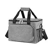 Gray insulated picnic bag with black handles, front pocket, and side mesh pockets, 15L capacity by REQUISITE NEEDS.