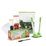 Reusable freezer bags set with slider ziplock, 50 labels, bag holder, and pen; sizes 4.5L, 2.25L, 1L; BPA-free.