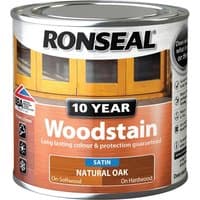 Ronseal 10 Year Wood Stain can, silver lid, natural oak color, satin finish, promises long-lasting protection.