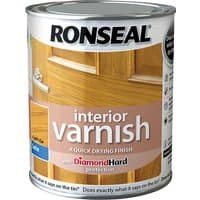 Ronseal Interior Varnish can, 250ml, Quick Dry Satin, Light Oak finish, with door image and branding on label.