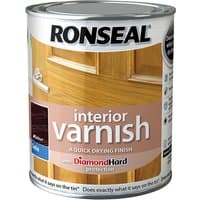 Ronseal interior varnish can, quick dry satin walnut finish, 750ml, with wooden door image on label.