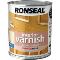 Ronseal Interior Varnish Quick Dry Satin Clear 250ml, silver can with wood door image and black lid.