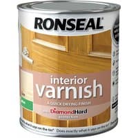 Ronseal Interior Varnish can, Quick Dry Matt Clear, 750ml, with wood door image and Diamond Hard protection label.