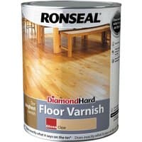 Ronseal Diamond Hard Floor Varnish can, clear gloss finish, with wooden floor image on label.