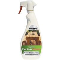 White spray bottle of Ronseal Garden Furniture Cleaner with green label and red nozzle.