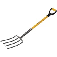 Roughneck digging fork with yellow fibreglass handle, soft black grip, and four steel tines.