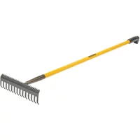 Roughneck soil rake with sharp metal tines and yellow fibreglass handle, featuring a black grip end.