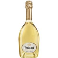 Ruinart Blanc de Blancs Champagne 75cl, clear bottle, gold foil on neck, white label with gold accents.