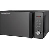 Black Russell Hobbs 20L digital microwave with silver handle, control panel, and LED display.